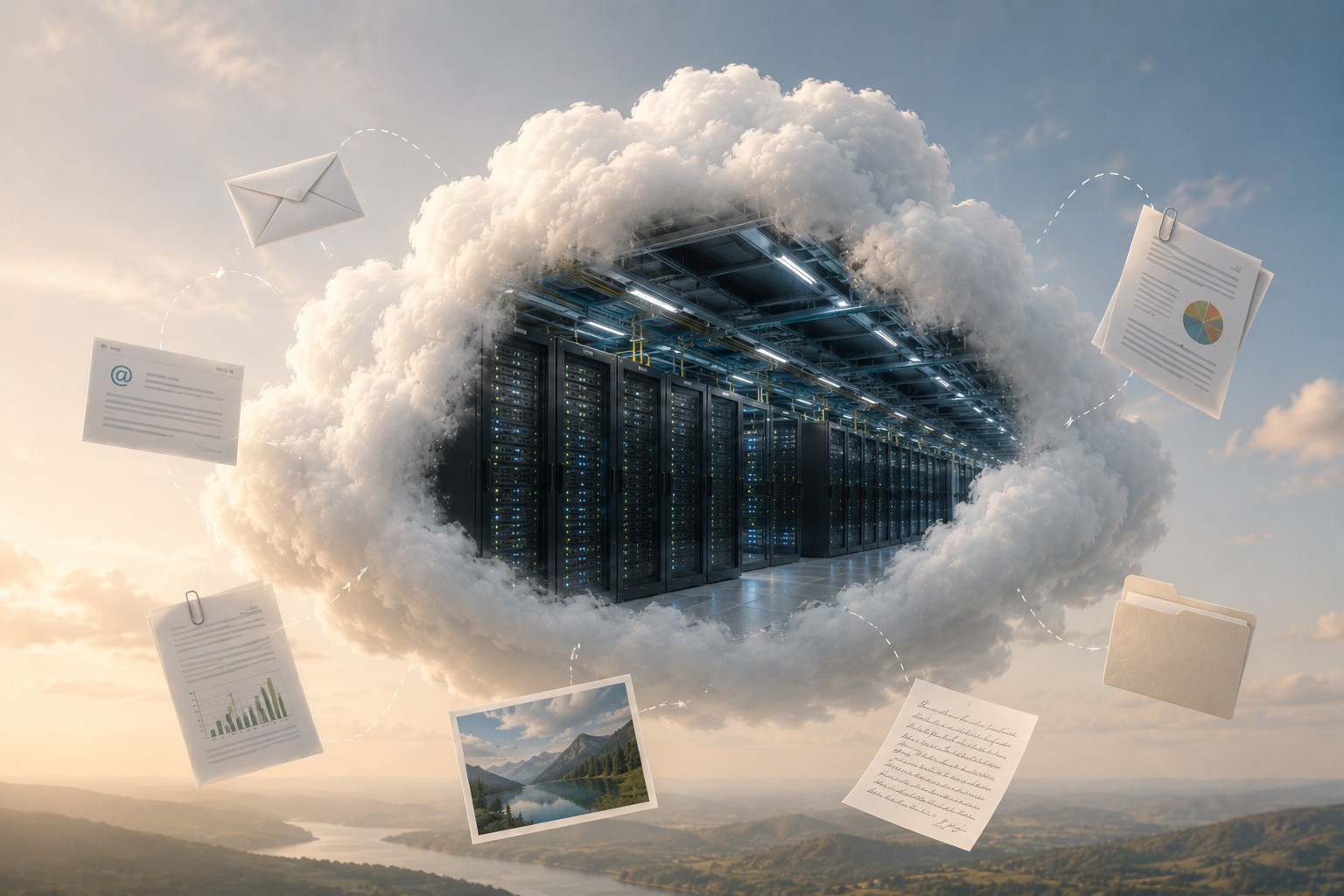 Illustration of a cloud containing a data centre with emails flying around to represent cloud storage and digital carbon footprint.”